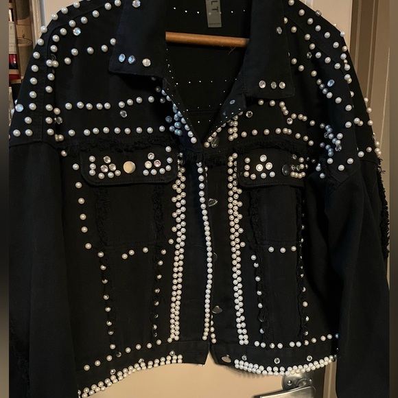 Rodeo Country Western Black Denim Pearls and Studs Jean Jacket